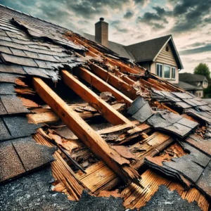 A damaged roof with missing shingles and exposed wooden beams, with a residential house in the background under a cloudy sky.