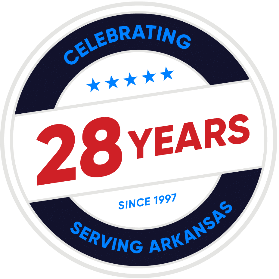 Badge with "Celebrating 28 Years," stars, and "Since 1997" text. Blue border with "Serving Arkansas.