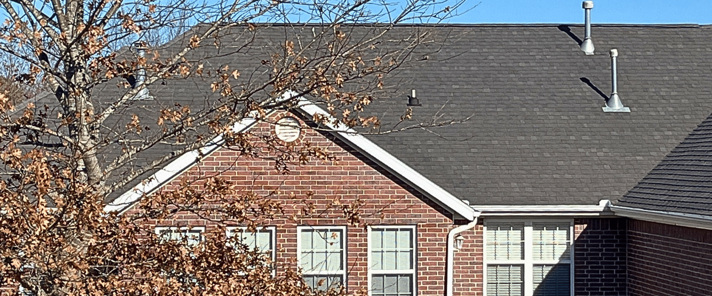 A brick house with an aged dark shingle roof, leafless tree branches in the foreground, and several roof vents visible under a clear blue sky.