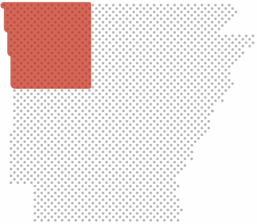 Map of Arkansas with the northwest region highlighted in red; the rest of the state is marked with gray dots.