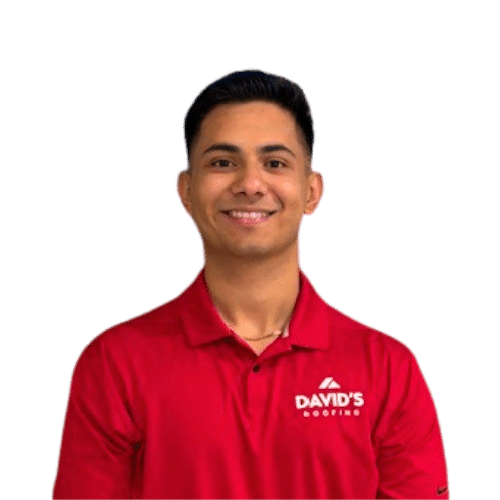 A man in a red David's Roofing polo shirt smiles at the camera against a plain white background.